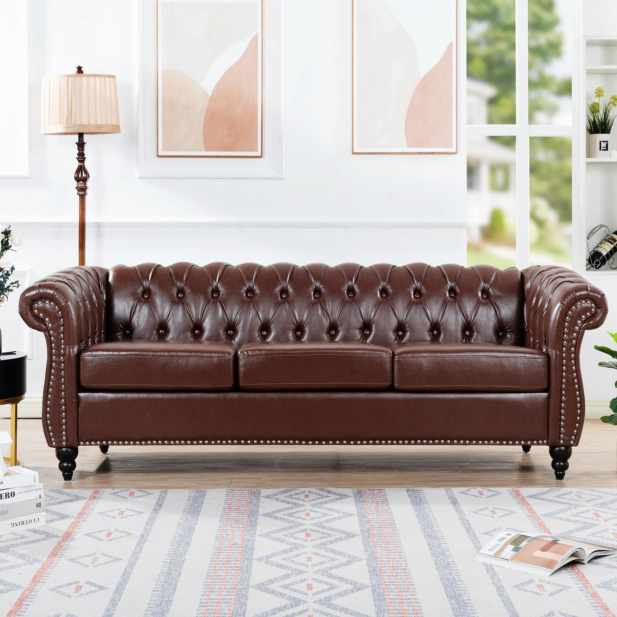 Canora Grey Elaiza 84.65" Chesterfield Sofa Faux Leather Three Seater Sofa with Rolled Arm & Revi... | Wayfair North America