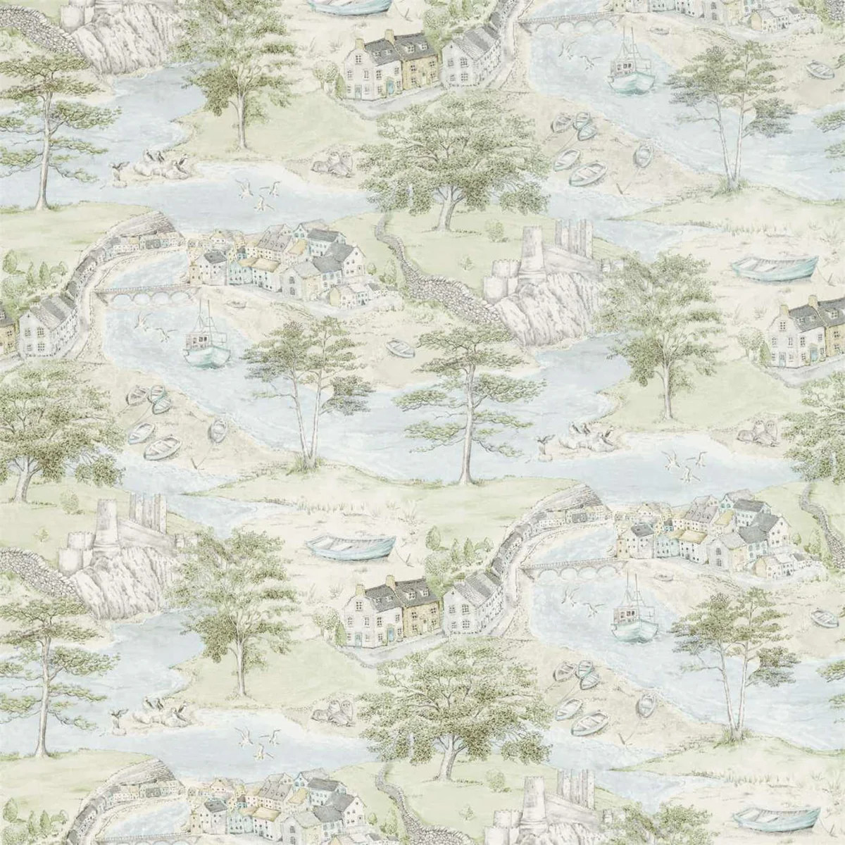 Sanderson Sea Houses Tidewater Blue Fabric | DecoratorsBest