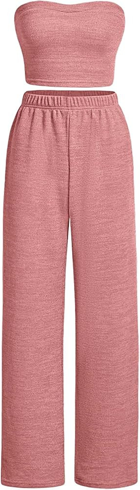 Floerns Women's 2 Piece Outfit Bandeau Crop Tube Top and Wide Leg Pants Set | Amazon (US)