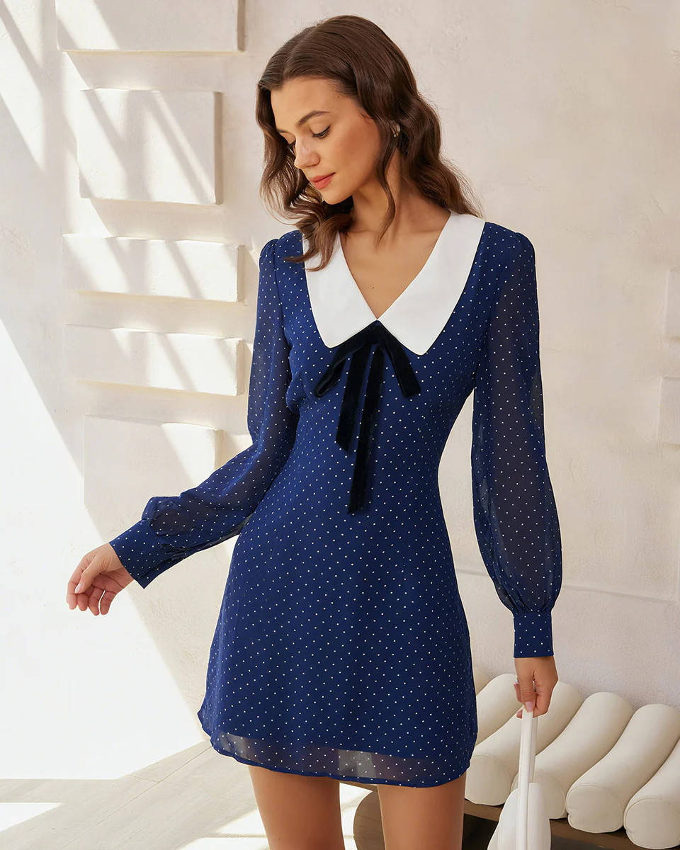 Blue Polka Dot Chiffon Mini Dress | rihoas.com