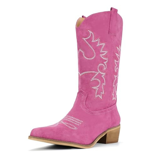 IDIFU Pink Cowboy Boots for Women Cowgirl Western Mid Calf Embroidered Chunky Low Heel Pointed Toe Country Dress Cute Fashion Comfortable Boots Booties(Pink Nubuck, 7.5) | Amazon (US)
