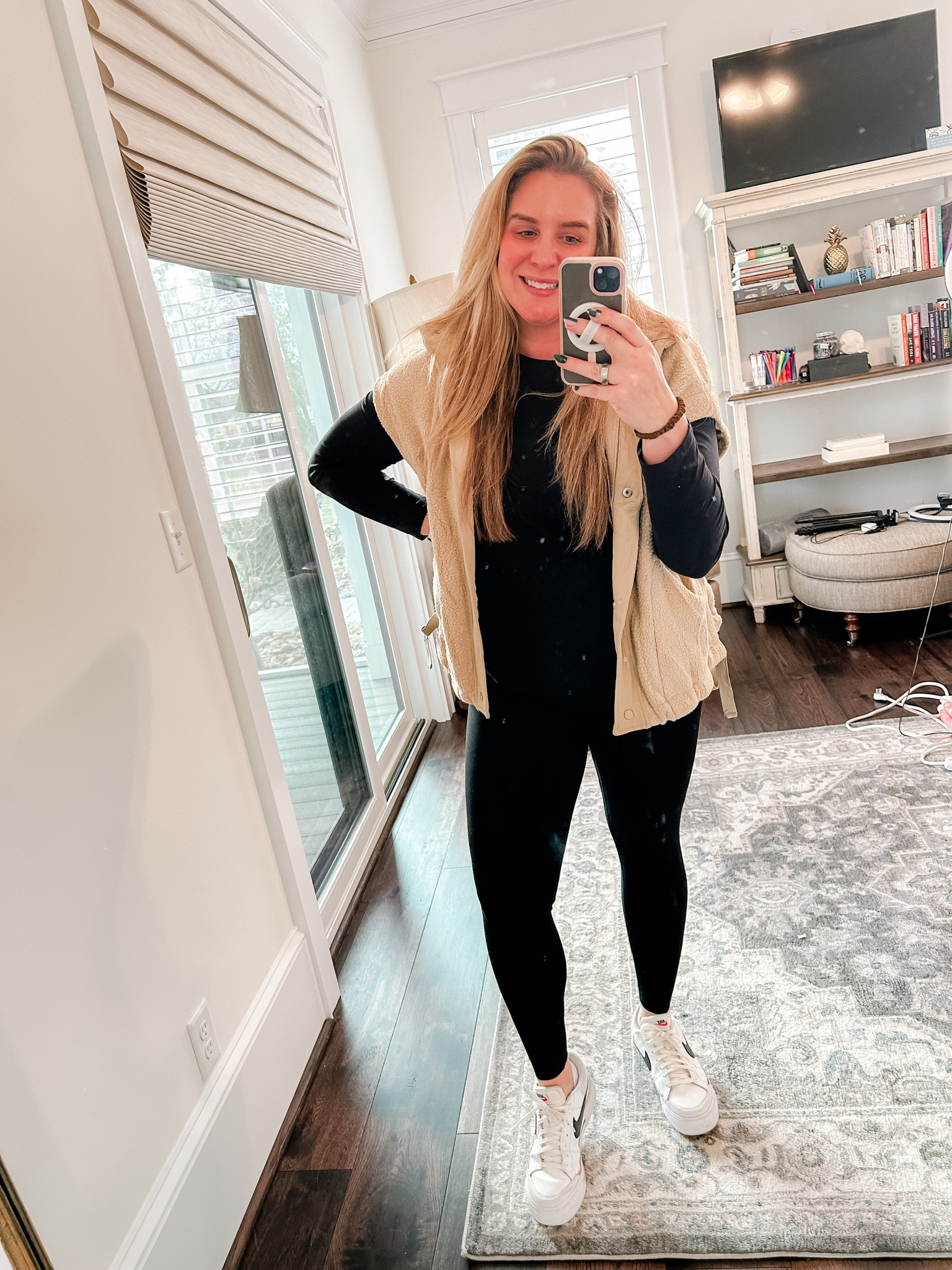 Busy mom OOTD

Cozy vest, black leggings and workout top, and my go to Nikes! 

Black leggings, workout gear, athletic gear, vest, Sherpa vest, Nikes 

#LTKMidsize #LTKFindsUnder100 #LTKActive