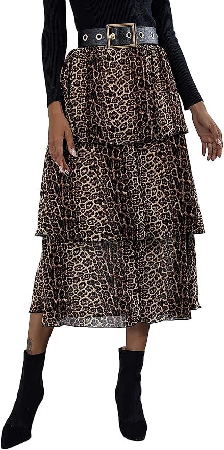MakeMeChic Women's Chiffon Leopard Print High Waist Tiered Layer Long Skirt | Amazon (US)
