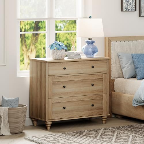 WAMPAT Farmhouse Nightstand with 3 Drawers, Large Wood Bedside Table Night Stand, Wide Sofa Side ... | Amazon (US)