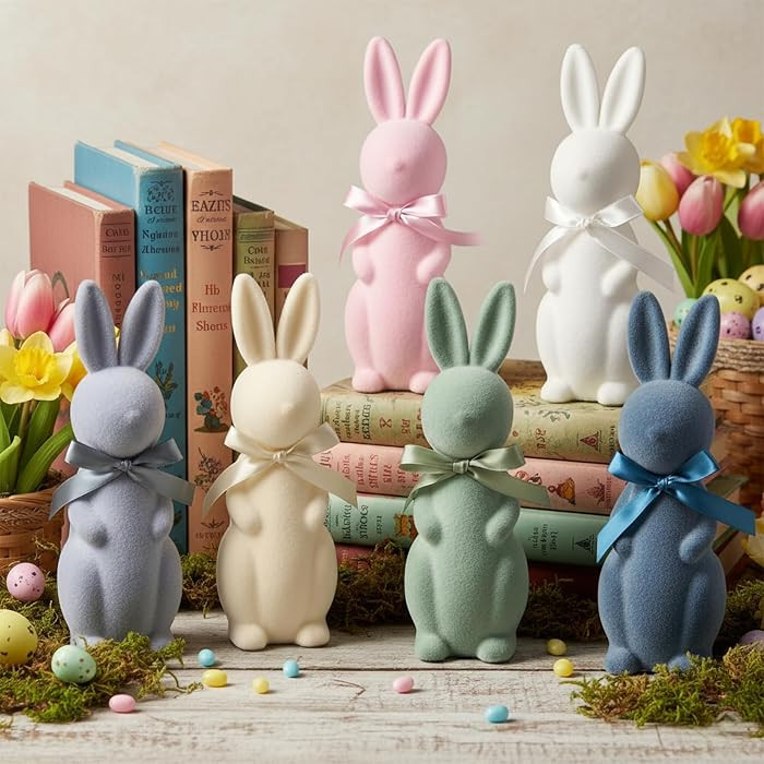 Lanpn 6PCS Flocked Bunny Easter Decorations with Bow Ties, Morandi Color Rabbit Figurines for Eas... | Amazon (US)