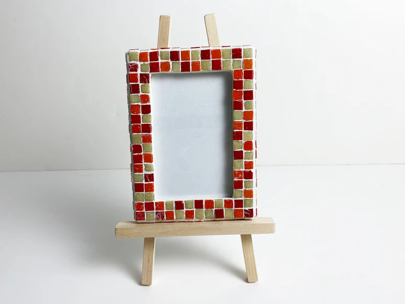 Red, Orange, and Tan Mosaic Picture Frame with Wood Easel made of 3/8" Vitreous Glass Tile | Etsy (Global)