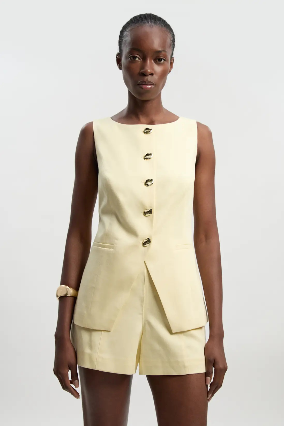 Lemon Tailored Linen Button Front Short | Karen Millen | Karen Millen