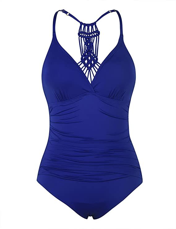 Firpearl Women's Halter One Piece Swimsuits Braid Macrame Ruched Tummy Control Swimwear | Amazon (US)