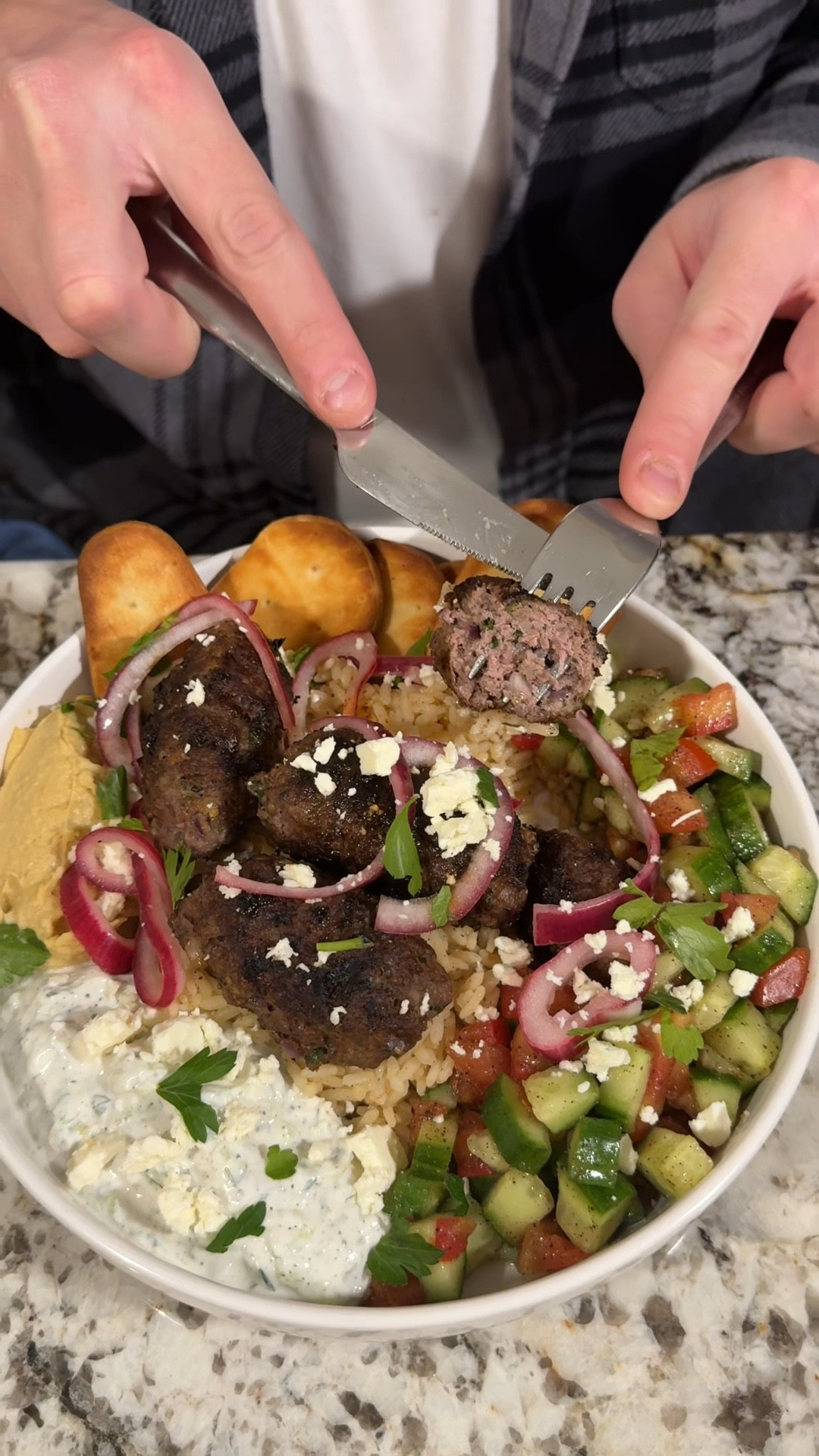 mediterranean bowls are always in our rotation for an easy weeknight meal! healthy & packed with so many fresh flavors✨

Ingredients:
- 1 lb lean ground beef
- 1 lb ground lamb
- 1/2 red onion, diced finely
- 4-5 cloves garlic, minced
- 1/4 cup chopped parsley
- 1 tsp each salt & pepper
- 2-3 tsp @SPICEOLOGY Greek Freak seasoning
- 1/4 cup breadcrumbs

tzatziki 
- 2 cups nonfat Geek yogurt
- 1/3 cup fresh dill, chopped finely
- 2-3 cloves garlic, minced
- 1 cucumber (peeled, grated & squeeze water out)
- juice of 1/2 a lemon
- salt & pepper to taste

serve with:
- rice
- tomato & cucumber salad (add olive oil, salt & pepper to taste)
- hummus
- pickled red onion
- mini pita breads
- feta cheese crumbles

#dinnerideas #dinnerwithme #mediterraneanfood #weeknightdinner #weeknightmeals #mealinspo #foodtok #foodie #easydinnerrecipe #easydinners #healthydinner #healthymealideas

#LTKFitness #LTKFamily #LTKHome