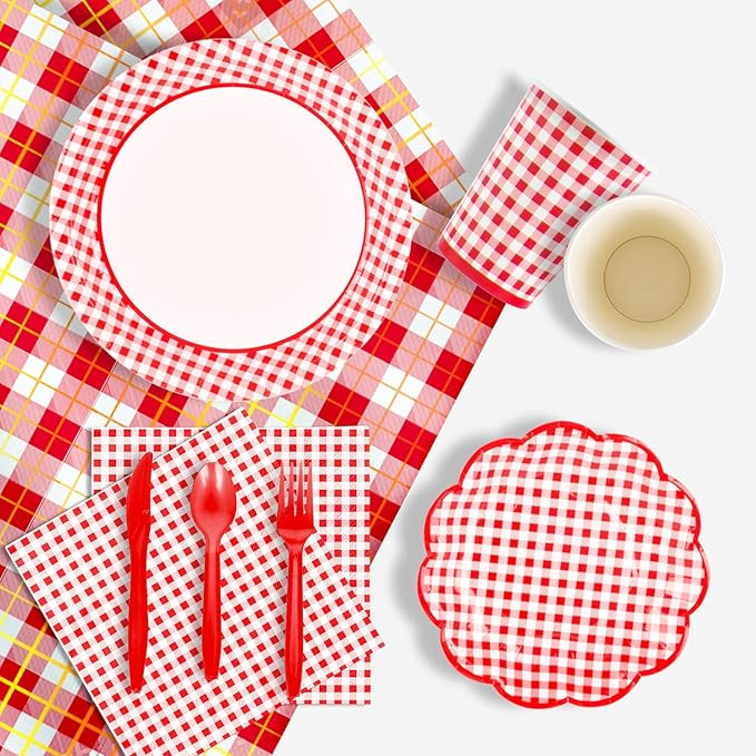 Gingham Red and White Party Supplies Disposable Paper Plates Napkins Cups Knives Spoons Forks Tab... | Amazon (US)