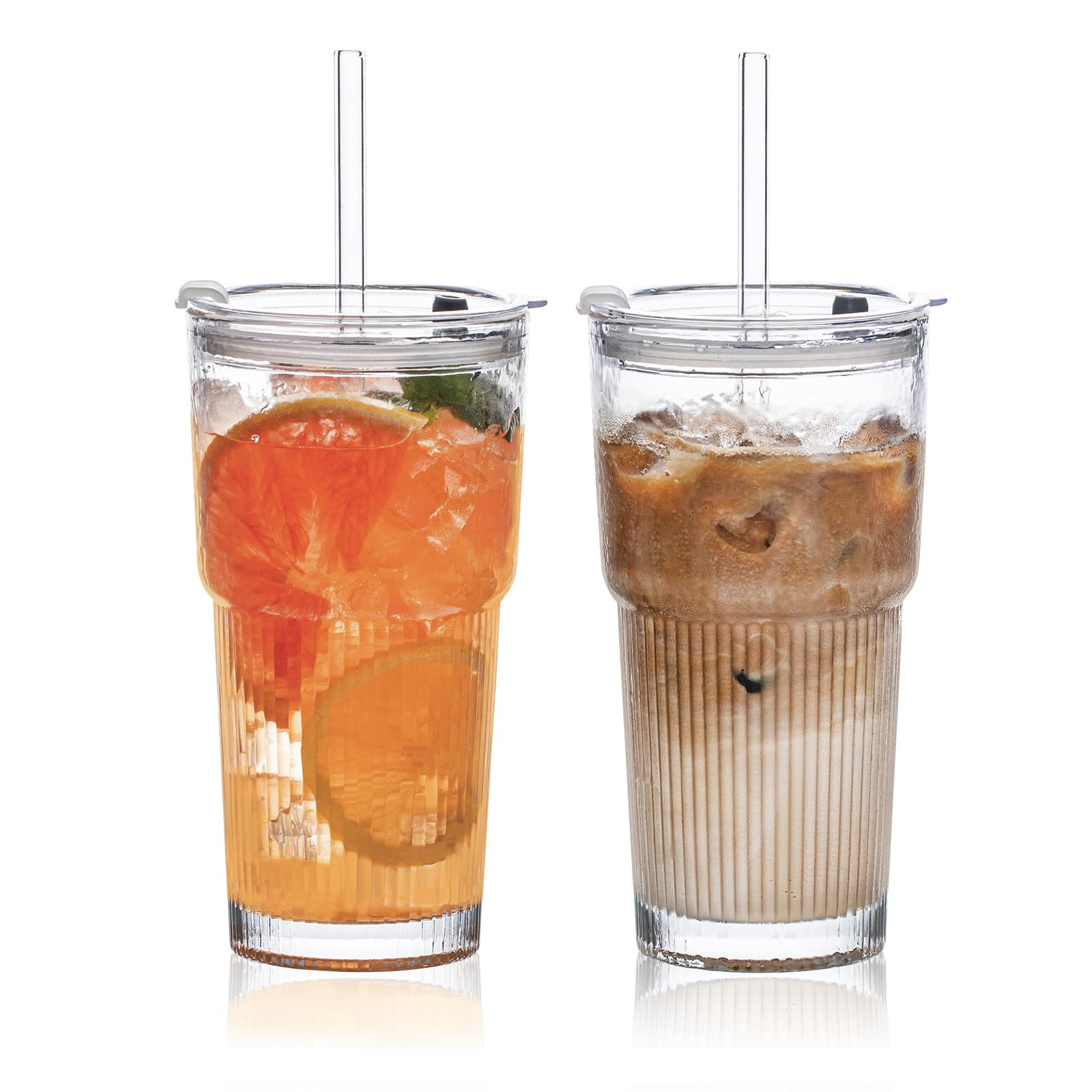 20oz Glass Tumblers with Lids and Straws, Set of 2 - Stylish Ribbed Design Drinking Glasses for I... | Amazon (US)
