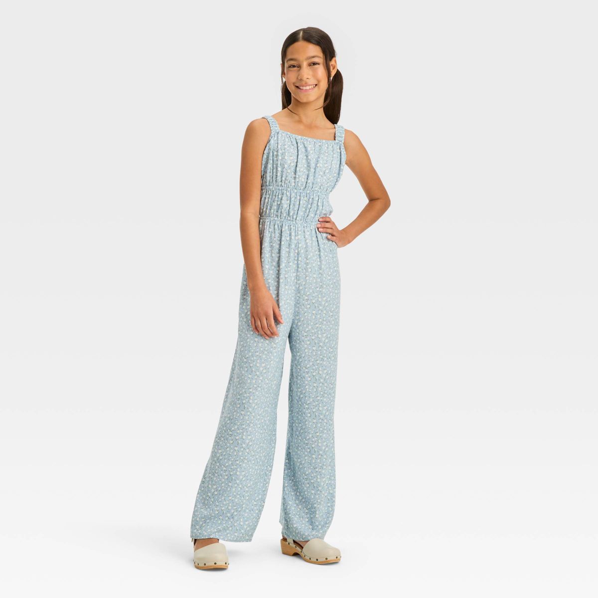 Girls' Ruched Waist and Strap Cut Out Back Floral Printed Jumpsuit - art class™ Blue L | Target