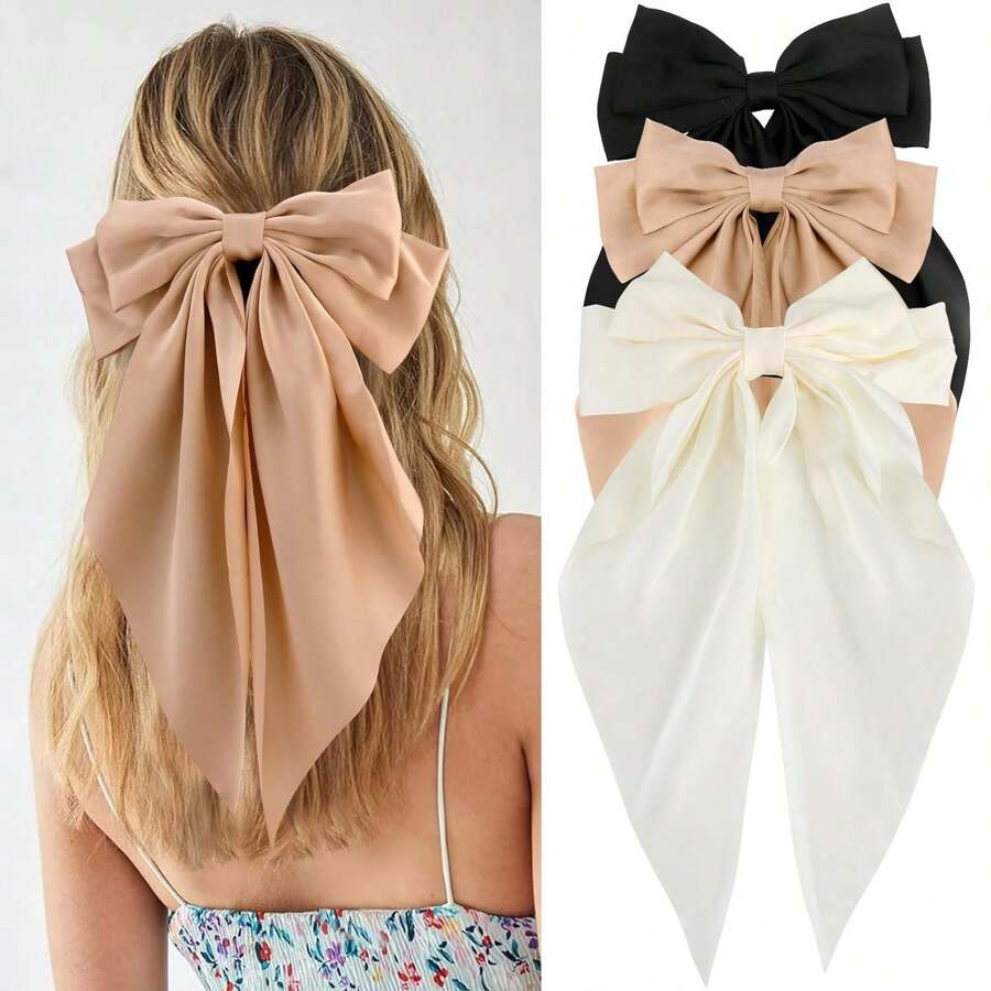3Pcs Girls Big Hair Bows Clips, Silky Satin Large Hair Ribbons Oversized Long Tail Hair Bows Hair... | SHEIN