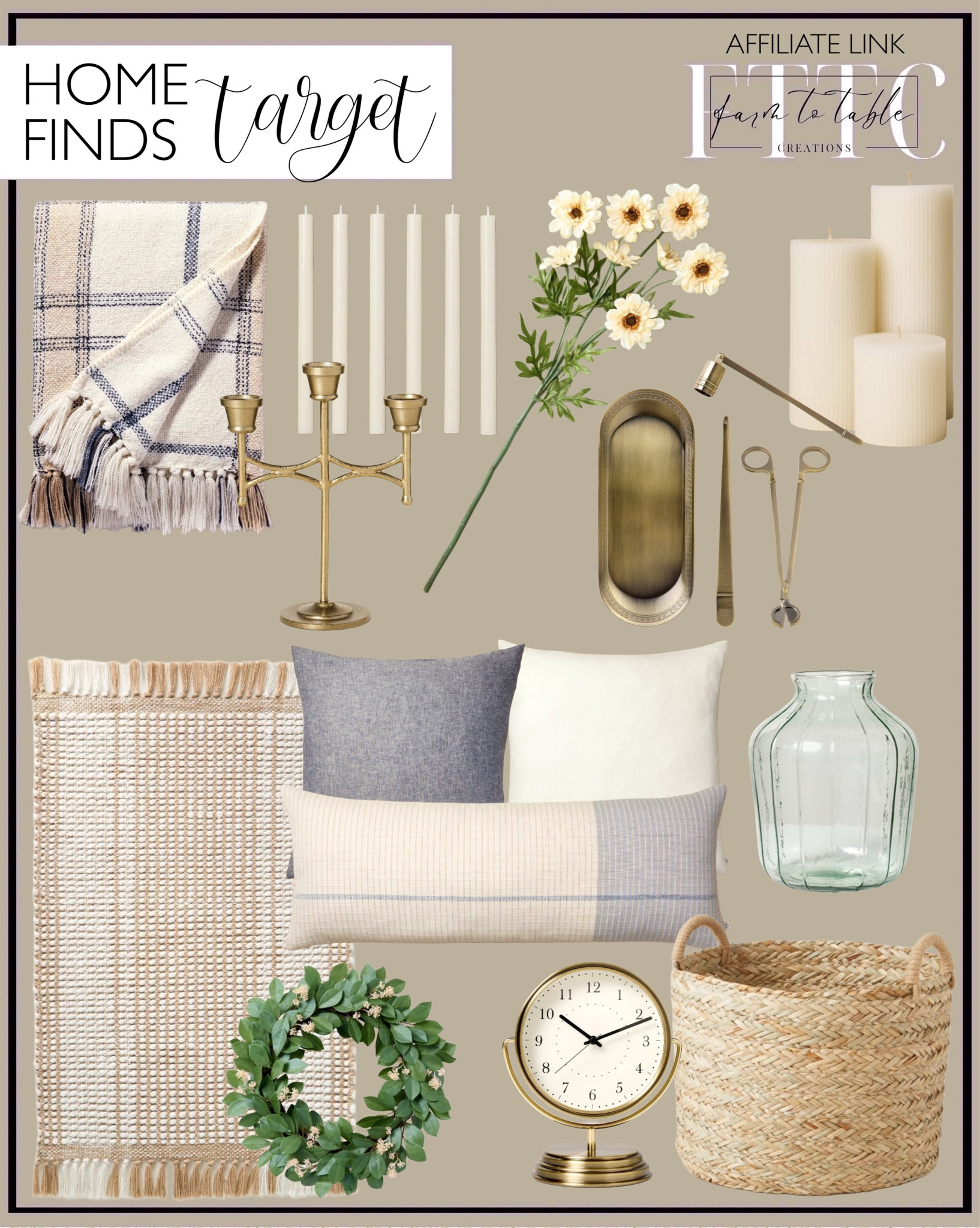Target Home Finds. Follow @farmtotablecreations on Instagram for more inspiration.

Plaid Throw Blanket. Pedestal Clock. Ribbed Candles. Taper Candles. Scalloped Candleabra. Lumbar Pillow. 26"x26" Trellis Pattern Euro Bed Pillow - Hearth & Hand. Linen Blend Euro Throw Pillow. Storage basket. Accent Rug. 26" Faux Pomegranate Leaf Wreath. Cream Daisy Stem. Candle accessory kit. Ribbed glass decorative vase. 

Vintage Decor | Cozy Corner | Bathroom | Curated Entryway | Spring  Decor | End of Year Clearance | Trending Decor | Viral Decor | Amazon Holiday | Bedroom corner | Coffee Table Decor | Neutral Decor | Fall Stem Sale | Target Finds | Skinny Bench | Bedroom | Living Room | Breakfast Nook | Amazon Home | Target Sale | Loloi Rugs | Magnolia Home | console table | console table styling | faux stems | entryway space | front porch decor | neutral decor | entryway decor | cozy home | affordable decor |  home decor | home inspiration | console styling | entryway rug | cozy moody home | moody home decor | neutral home | bathroom decor | living room | spring decor | Hearth & Hand | Studio McGee





#LTKFindsUnder50 #LTKHome #LTKSeasonal