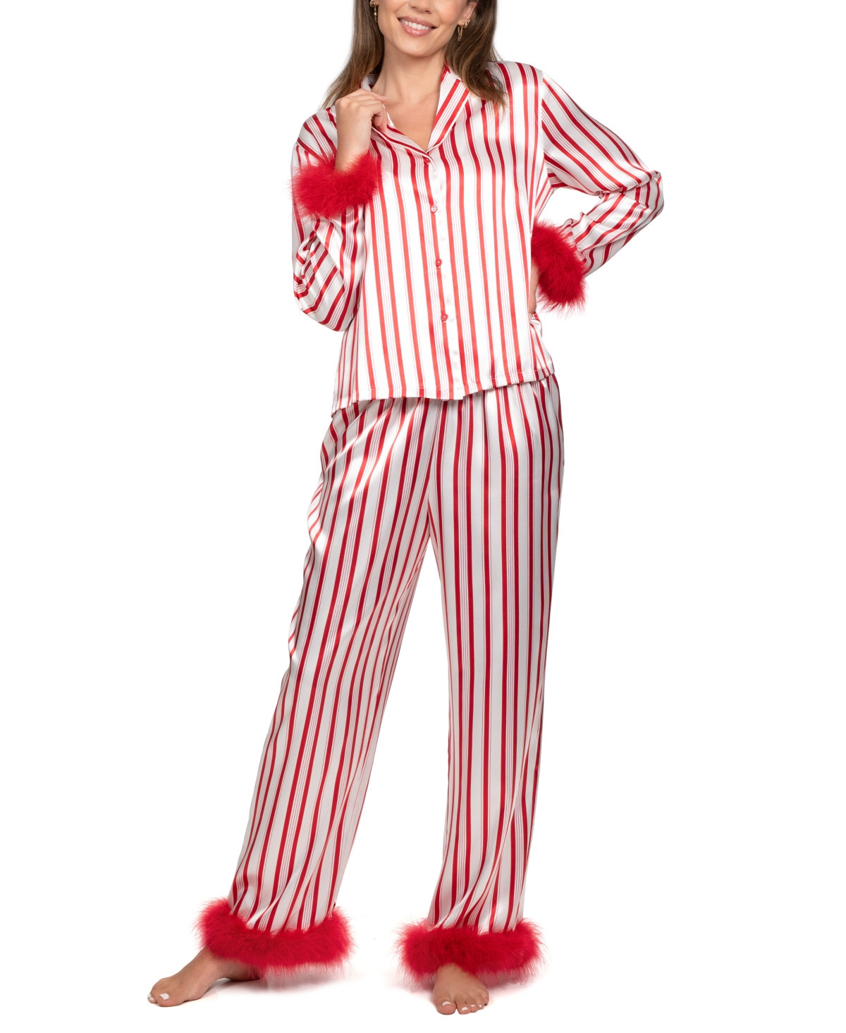 Linea Donatella Women's 2-Piece Marabou Stripe Top and Pants Pajama Set - Red | Macy's