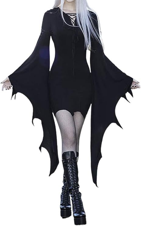 Halloween Costume Dress Women Sexy Gothic Lace Up Batwing Sleeve Irregular Hem Witch Vampire Body... | Amazon (US)