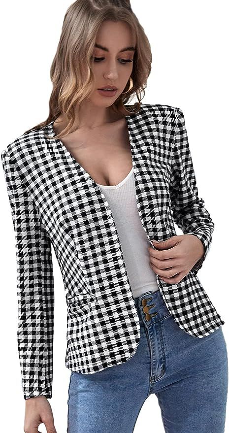Milumia Women's Gingham Plaid Open Front Blazer Suit Jacket Outerwear with Pockets | Amazon (US)