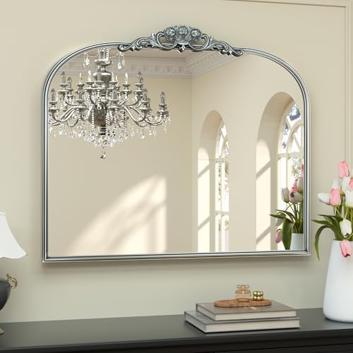 Keonjinn Vintage Mirror for Wall, 36" x 30" Silver Antique Mirrors with Metal Frame, Baroque Style Decoration for Mantle, Bathroom, Living Room, Fireplace, Bedroom, French Cleat Mounting | Amazon (US)