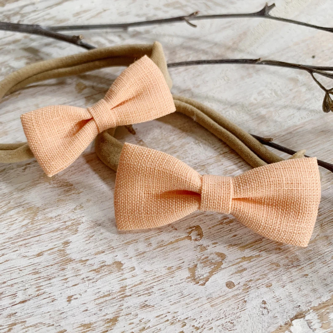 Tangerine Linen Bow, Baby Girl, Small Bow Headband, Baby Bow, Baby Shower Gift, New Baby Gift | Etsy (US)