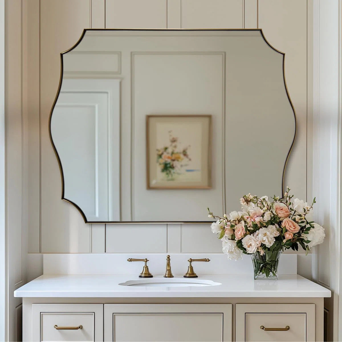 Anayalee Traditional Scalloped Rectangle Bathroom Vanity Mirror | Stainless Steel Frame | Wayfair North America