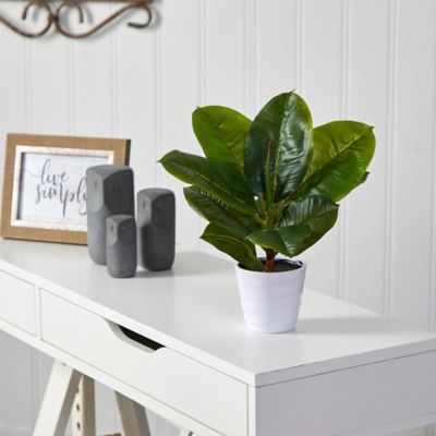 11" Rubber Leaf Artificial Plant in White Planter (Real Touch), Green | Ashley Homestore