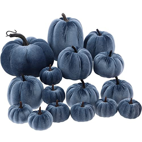 Yatinkim 16 Pcs Blue Velvet Pumpkin Fall Decor Artificial Foam Pumpkins Navy Blue Fabric Faux Pumpkin Rustic Harvest Fake Pumpkins Home Decoration Autumn Door Wreath Table Centerpiece | Amazon (US)