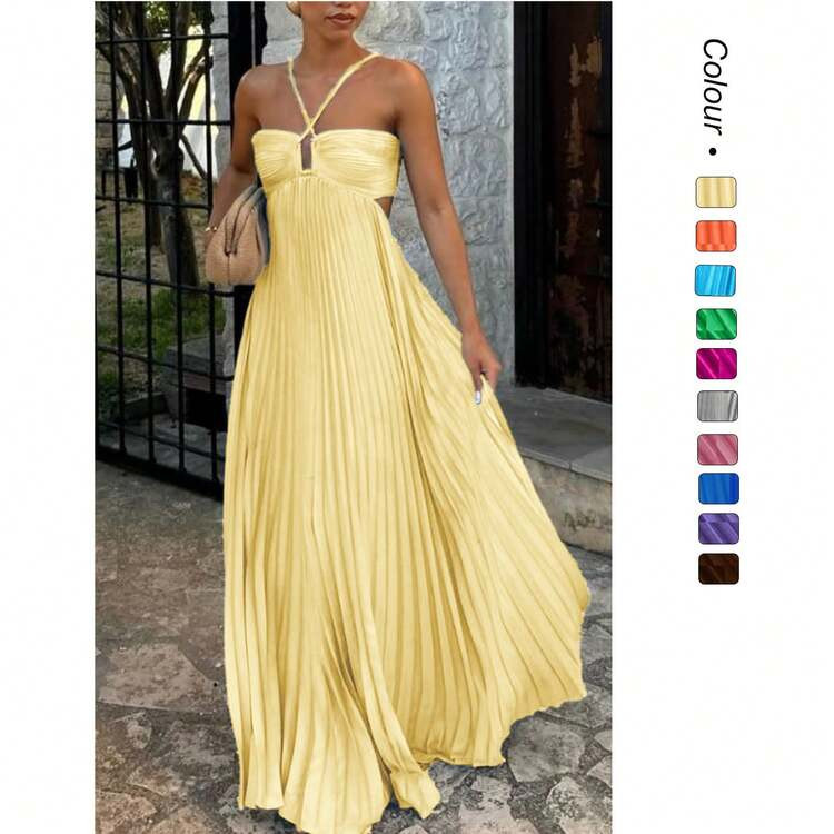 Women's Halter Neck Strapless Cutout Pleated Flowy Maxi Dress, Keyhole Detail A-Line Silhouette, ... | SHEIN