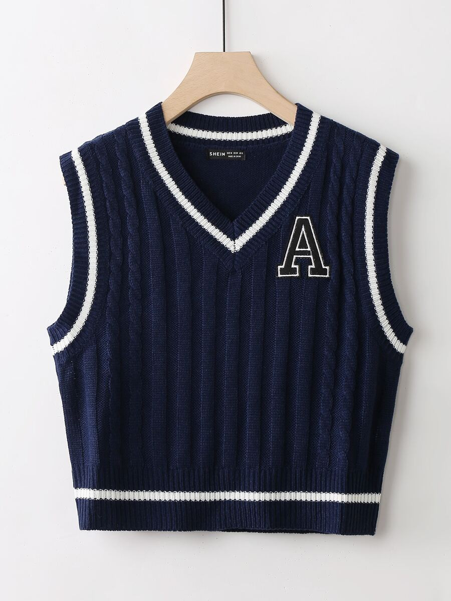 SHEIN Unity 1pc Letter Patched Detail Striped Trim V-neck Sweater Vest | SHEIN