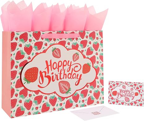wishinside 16.5” Extra Large Strawberry Happy Birthday Gift Bag Set with Handles, Greeting Card... | Amazon (US)