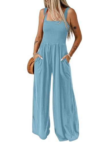 Dokotoo Loose Jumpsuits for Women Overalls Oversized Solid Color Wide Leg One Piece Sleeveless jumpsuit Long Pant Romper with Pockets 2025 Fashion Mist Blue Large | Amazon (US)