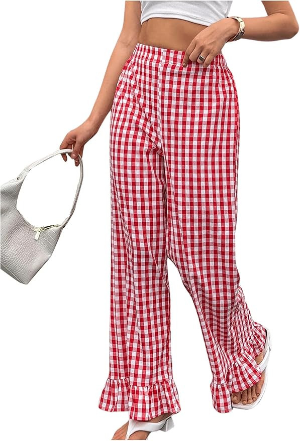 MakeMeChic Women's Y2K Gingham Wide Leg Pants Elastic Waist Ruffle Hem Loose Trousers Loungewear | Amazon (US)