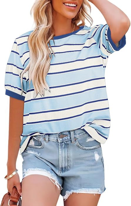 Dokotoo Womens Summer Tops 2026 Striped Color Block Short Sleeve Fashion T-Shirts Crewneck Casual... | Amazon (US)