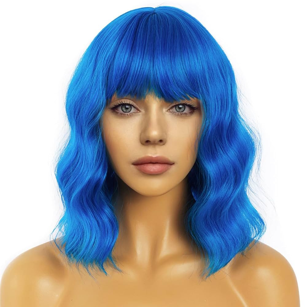 Short Bob Wavy Wig with Bangs for Women Loose Curly Shoulder Length Synthetic Cosplay Wig Bob for... | Amazon (US)