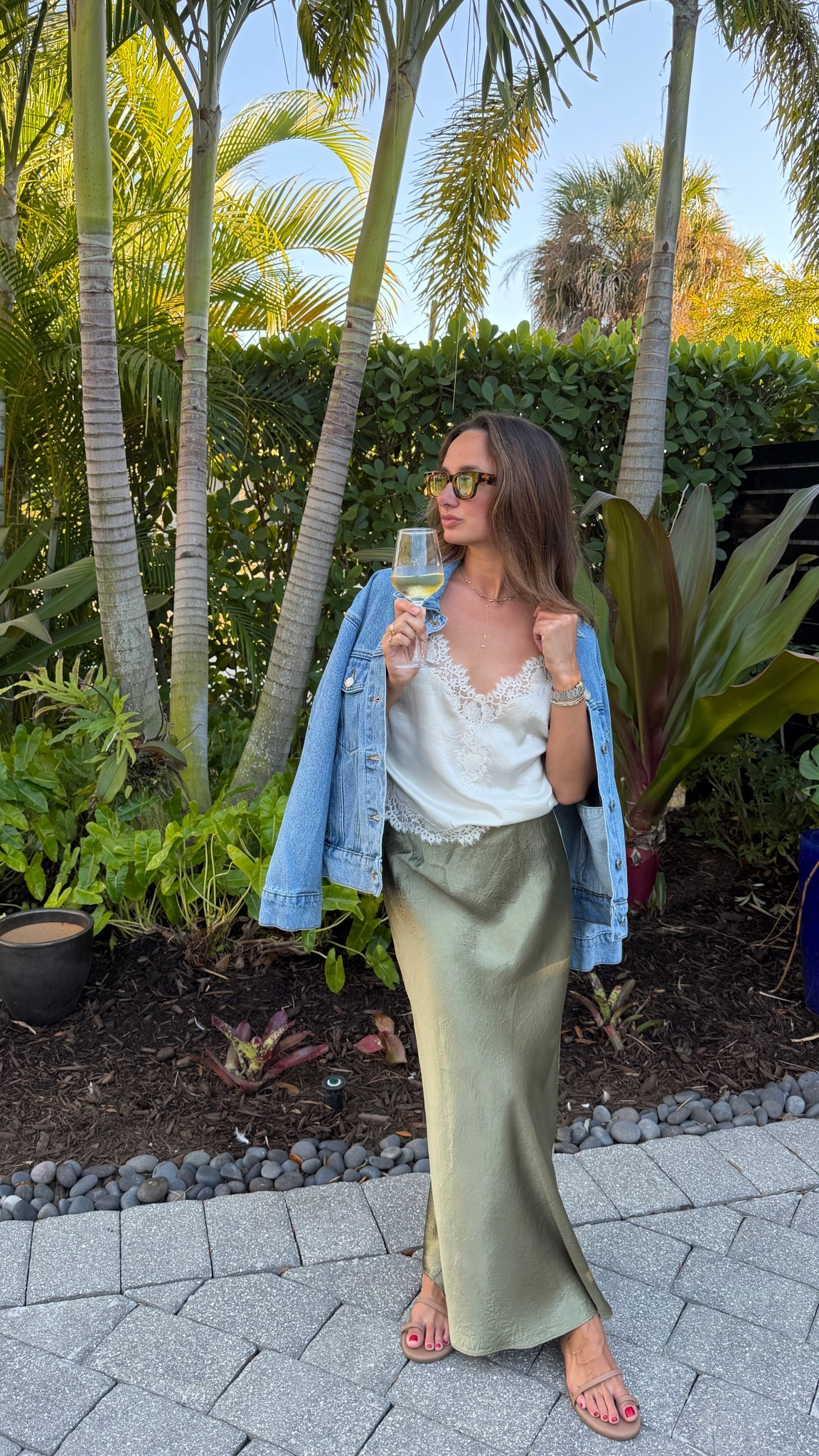 Dinner outfit! Cami is Doen sold out but found similar! I size up to 4 in the skirt to wear lower on my hips. Jacket is vintage shade size S/M