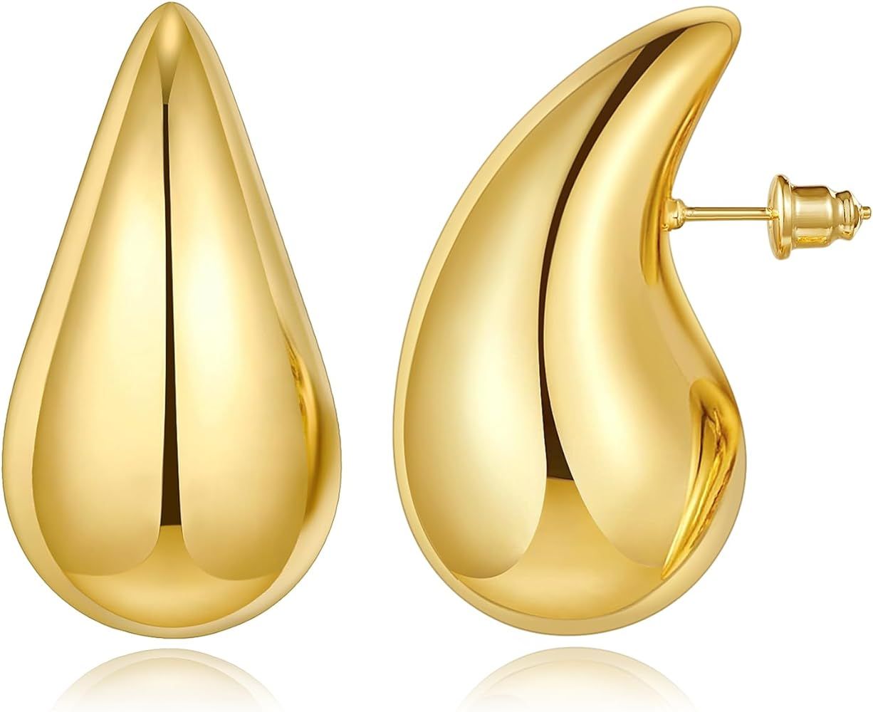 Chunky Gold Hoop Earrings for Women, 14K Gold Plated Lightweight Hollow Open Hoops Thick Teardrop... | Amazon (US)
