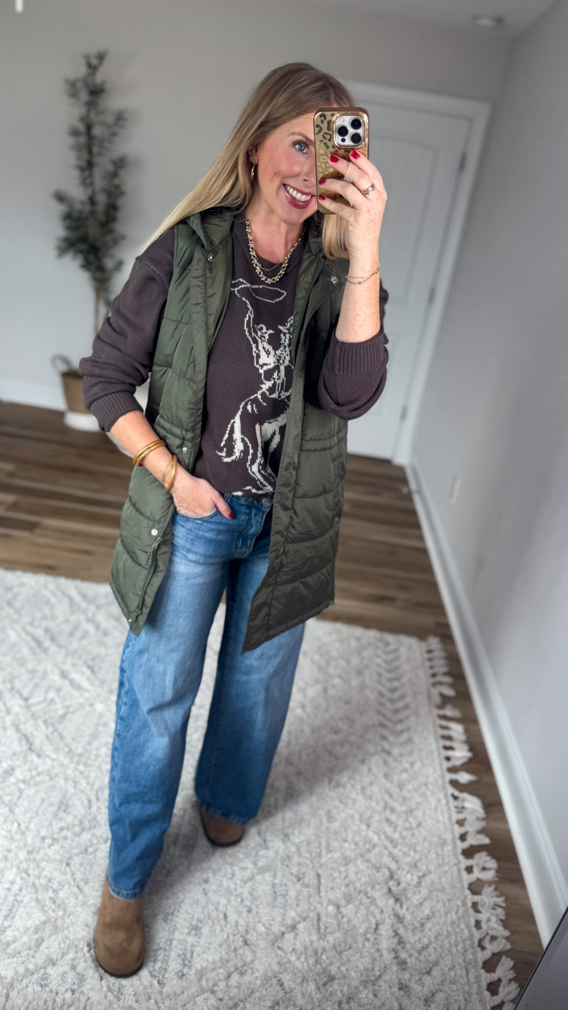 Daily try on, Walmart outfit, Walmart fashion, Walmart style, puffer vest, horse sweater

#LTKootd