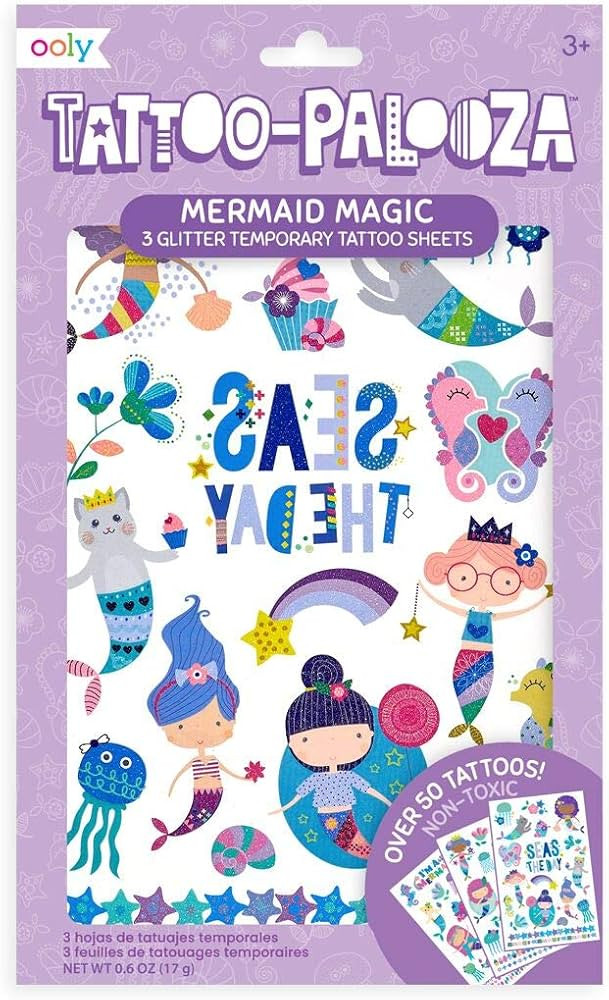 OOLY, Tattoo Palooza Skin-Friendly and Non-Toxic Temporary Tattoo for Kids - Mermaid Magic, 3 She... | Amazon (US)