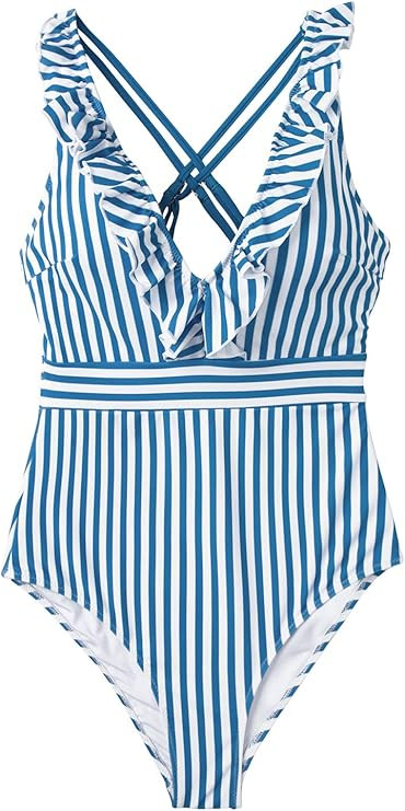 CUPSHE Women's V Neck One Piece Swimsuit Ruffled Back Cross Swimwear | Amazon (US)