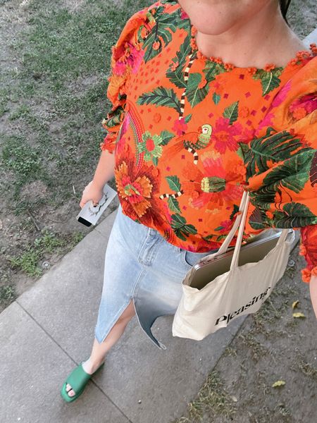 FARM Rio Blooming Garden Orange Blouse, colorful clothes, summer / spring, wear to work, office outfit, floral pint, pink, shopbop, denim maxi / midi skirt with slit, green platform sandals, comfy shoes, vacation outfit, Harry styles pleasing canvas tote, budget-friendly , affordable, gold jewelry (rings, earrings) from amazon

#LTKunder100 #LTKunder50 #LTKstyletip