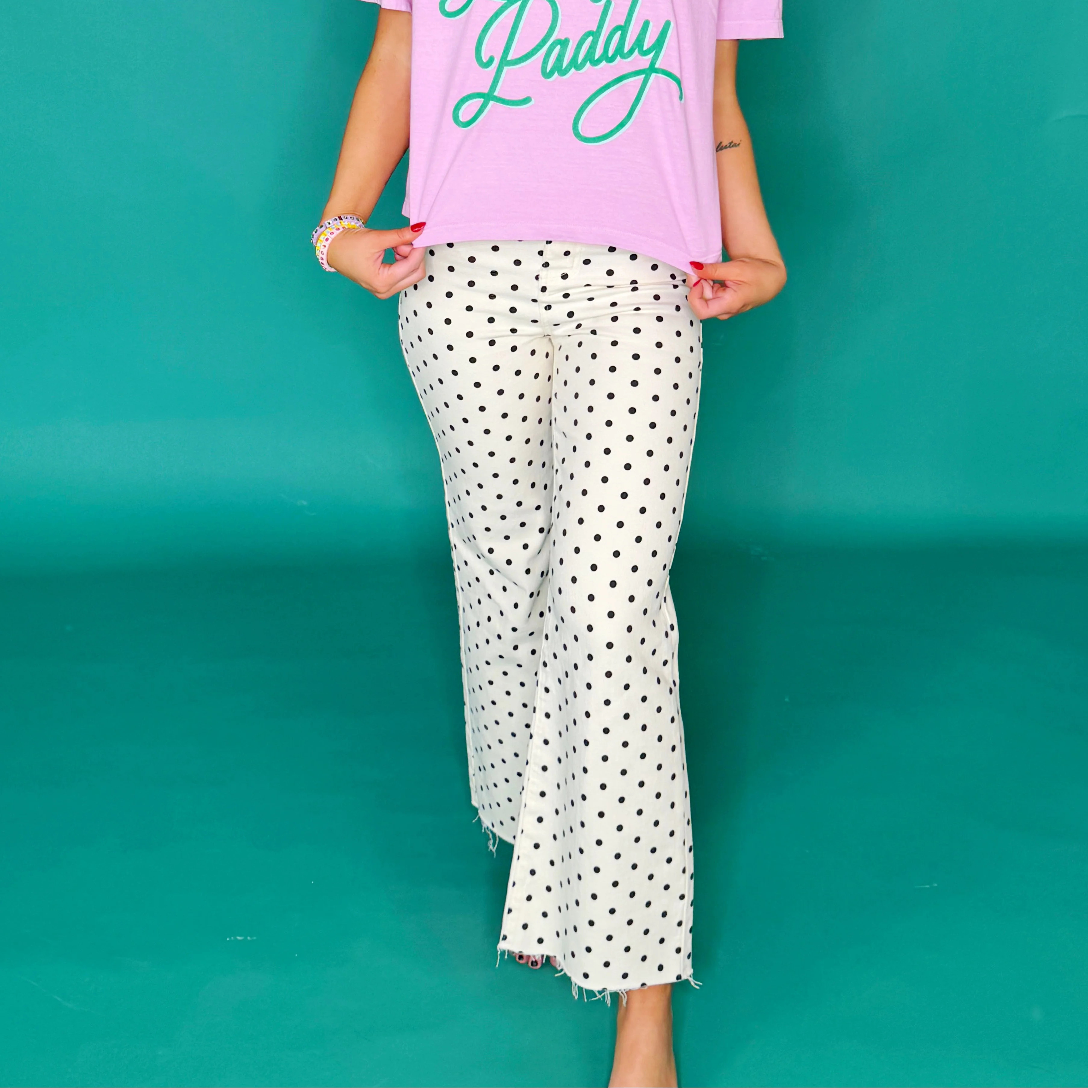 Mini Polka Dot Stretchy Ivory Denim Pants | Poppy & Pine