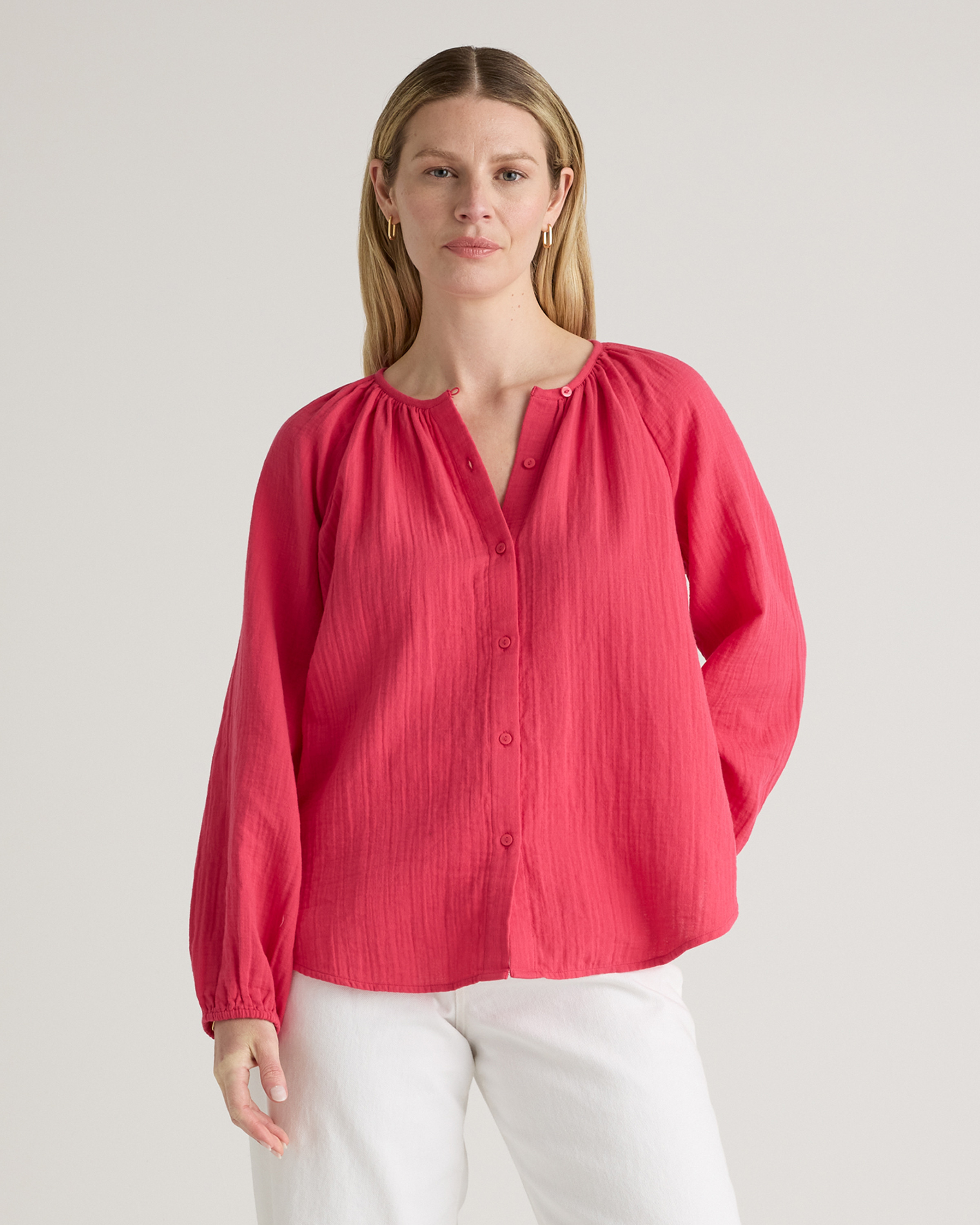 Quince | Women's Gauze Peasant Blouse in Hot Pink, Size XS, Organic Cotton | Quince