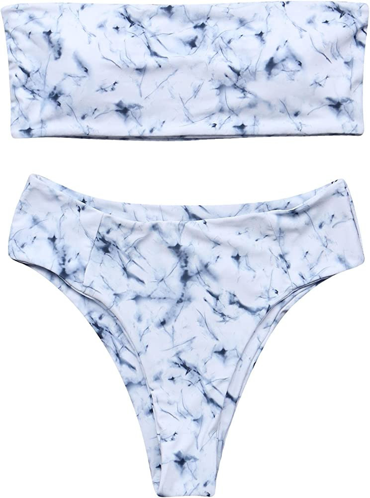 OMKAGI Women's 2 Pieces Bandeau Bikini Swimsuits Off Shoulder High Waist Bathing Suit High Cut | Amazon (US)