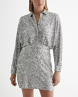 Sequin Half Button Up Mini Portofino Shirt Dress | Express