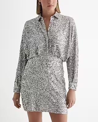 Sequin Half Button Up Mini Portofino Shirt Dress | Express