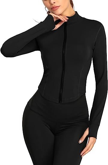 FEOYA Women Long Sleeve Athletic Top Full Zip Up Crop Jacket for Yoga Running Fitness Gym | Amazon (US)