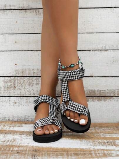 Women Random Houndstooth Pattern Ankle Strap Sport Sandals, Sporty Outdoor Fabric Sandals | SHEIN