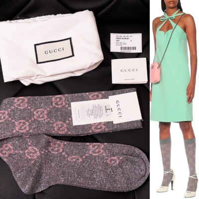 S NEW $290 GUCCI Woman's Gray w/ PINK GG Logo Lame' Cotton Calf SOCKS & DUSTBAG  | eBay | eBay US