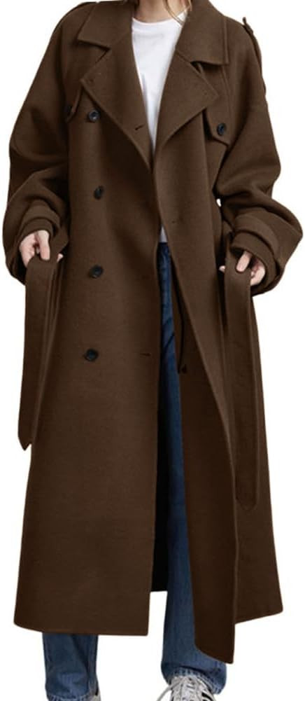 chouyatou Women's Winter Double Breasted Wool Coat Long Sleeve Notch Lapel Midi Long Winter Trench Coat with Belt | Amazon (US)