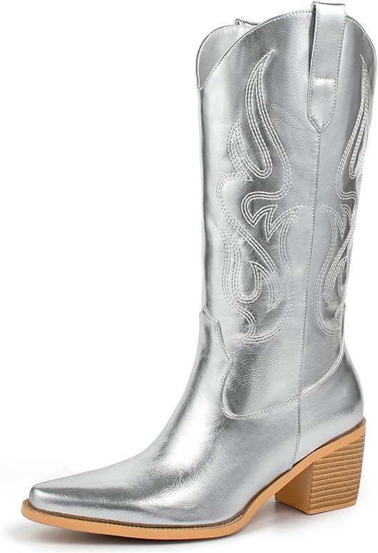 Cowboy Boots for Women - Cowgirl Western Mid Calf Boots with Embroidery, Pointed Toe Retro Chunky... | Amazon (US)