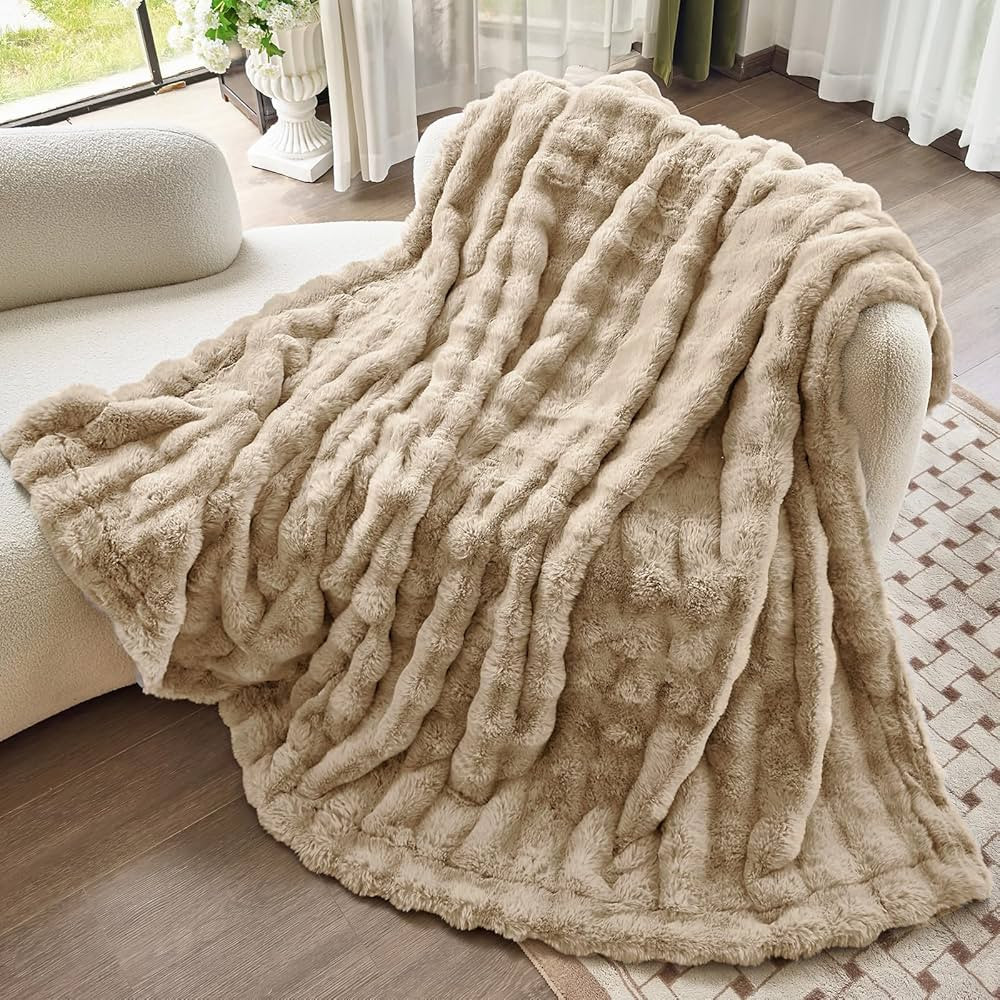 Faux Fur Light Camel Throw Blacket for Couch - Super Soft Heavy Flufyy Thick Bubble Throw Blanket... | Amazon (US)
